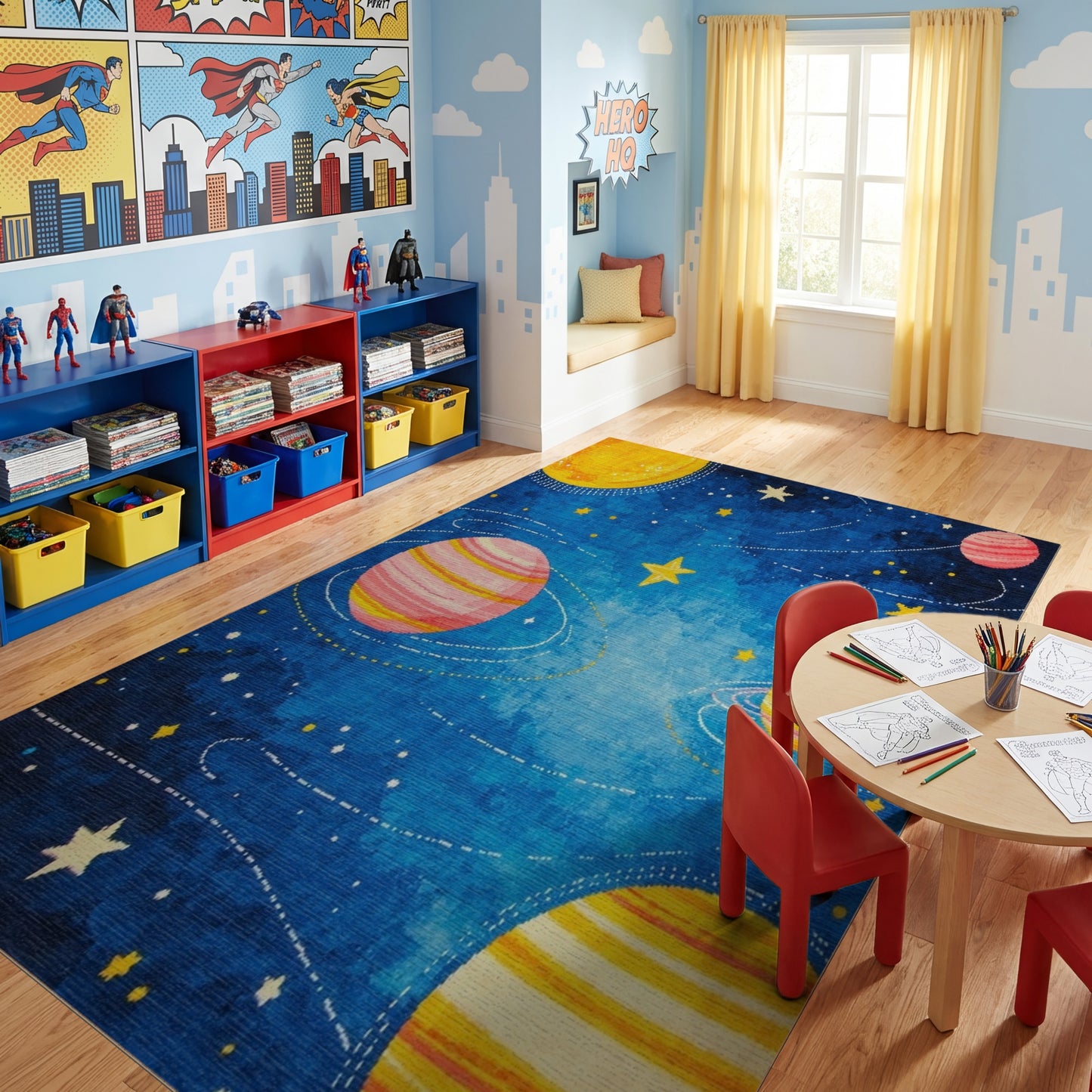 Whimsical Cosmic Striped Planets Stars Rug