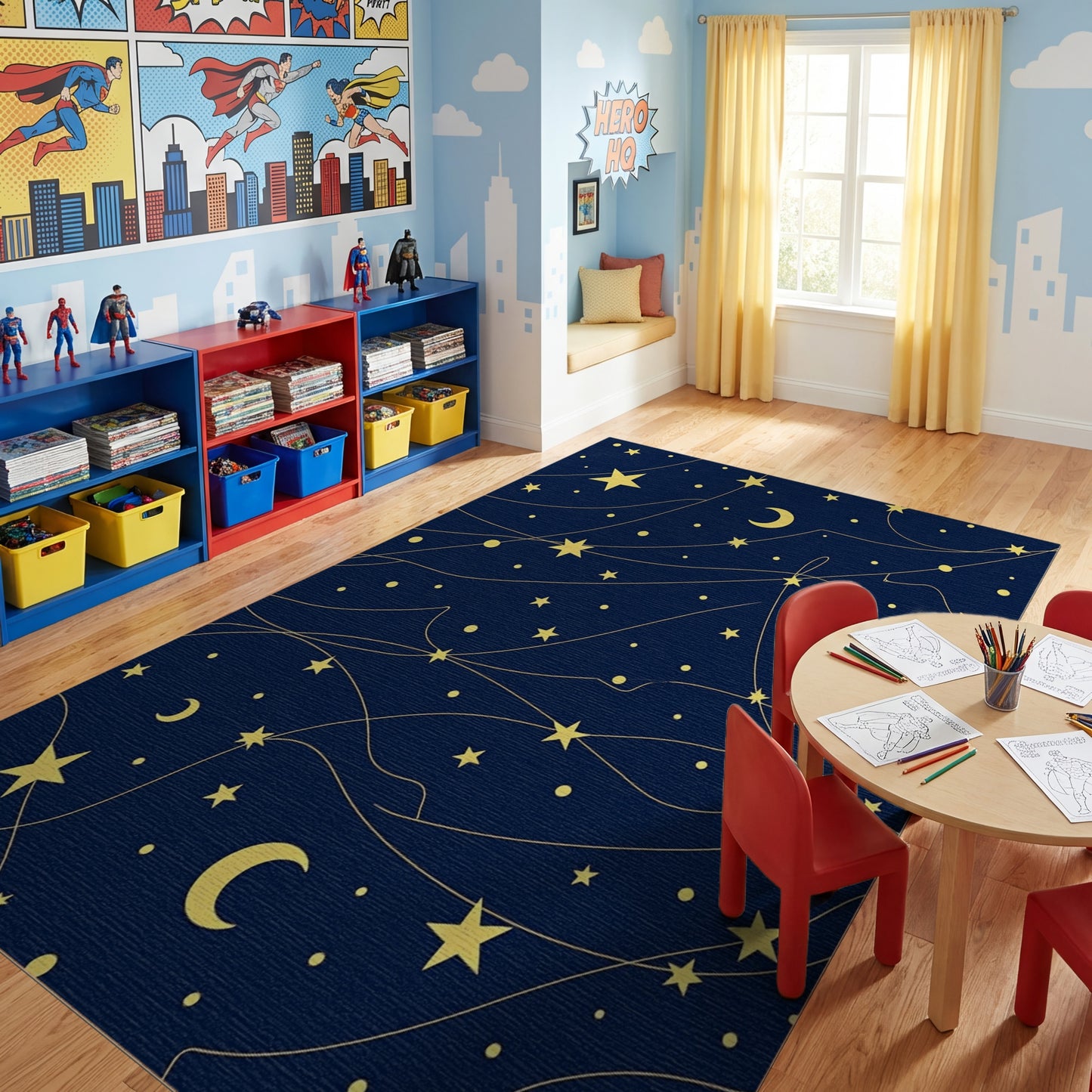 Navy Gold Stars Crescent Moons Rug