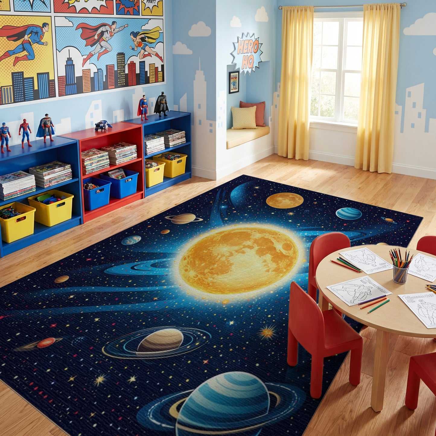 Vibrant Golden Cosmic Planets Stars Rug