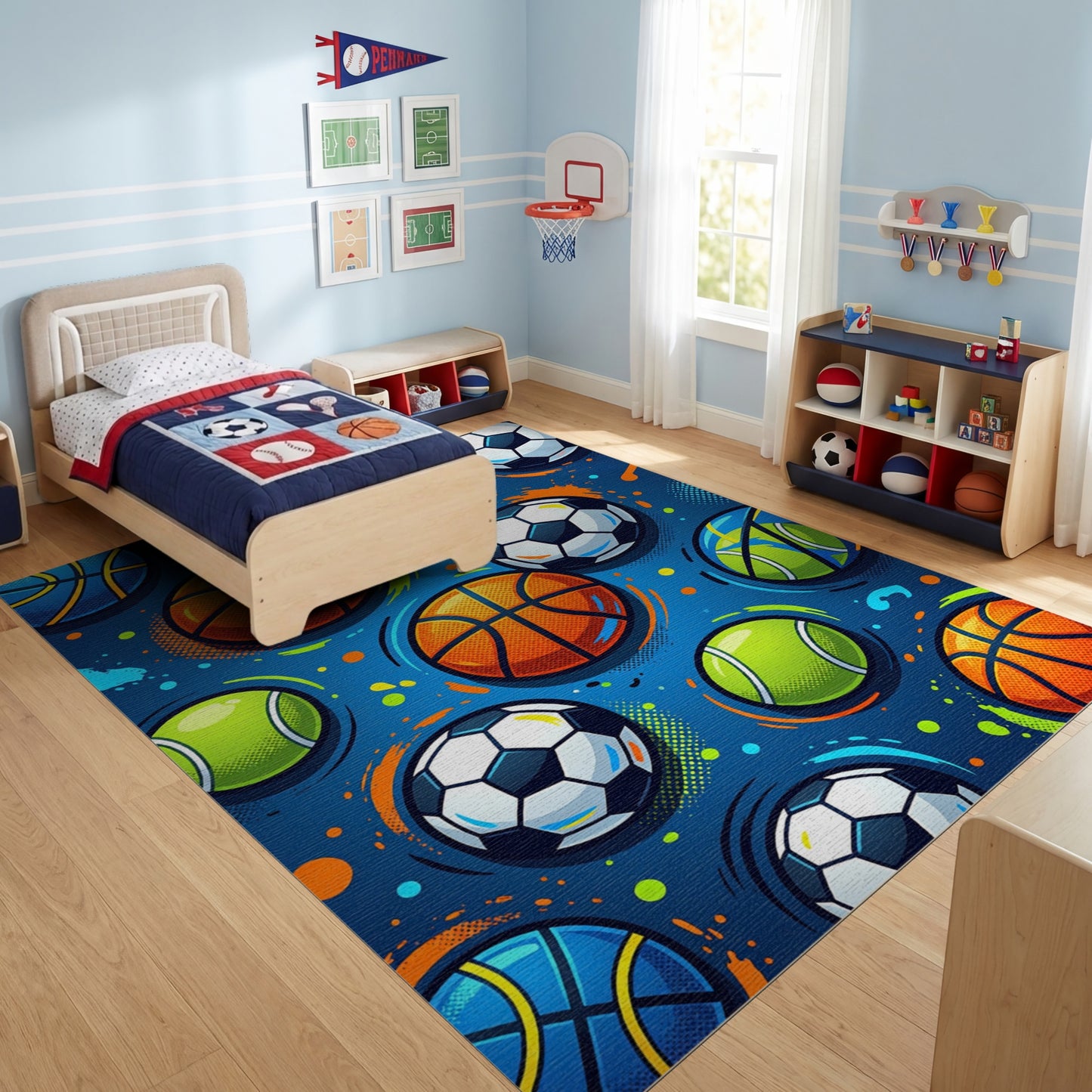 Vibrant Basketball Soccer Tennis Balls Rug 2