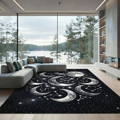Celestial Silver Moon and Star Constellations Rug