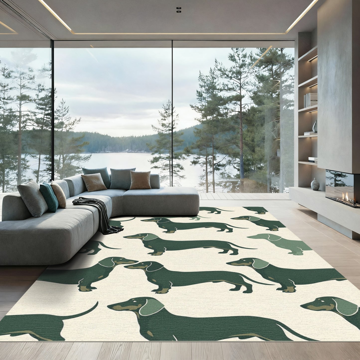 Charming Olive Dachshund Silhouette Illustration Rug