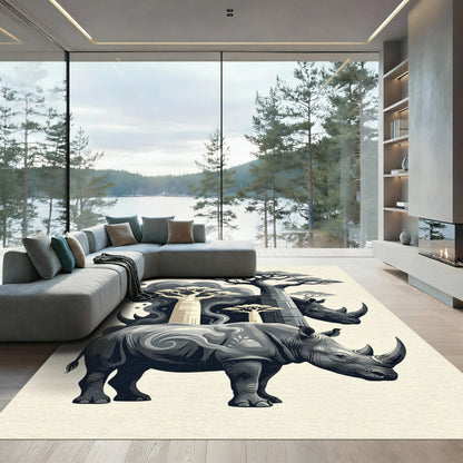 Monochromatic African Rhino Baobab Silhouette Rug