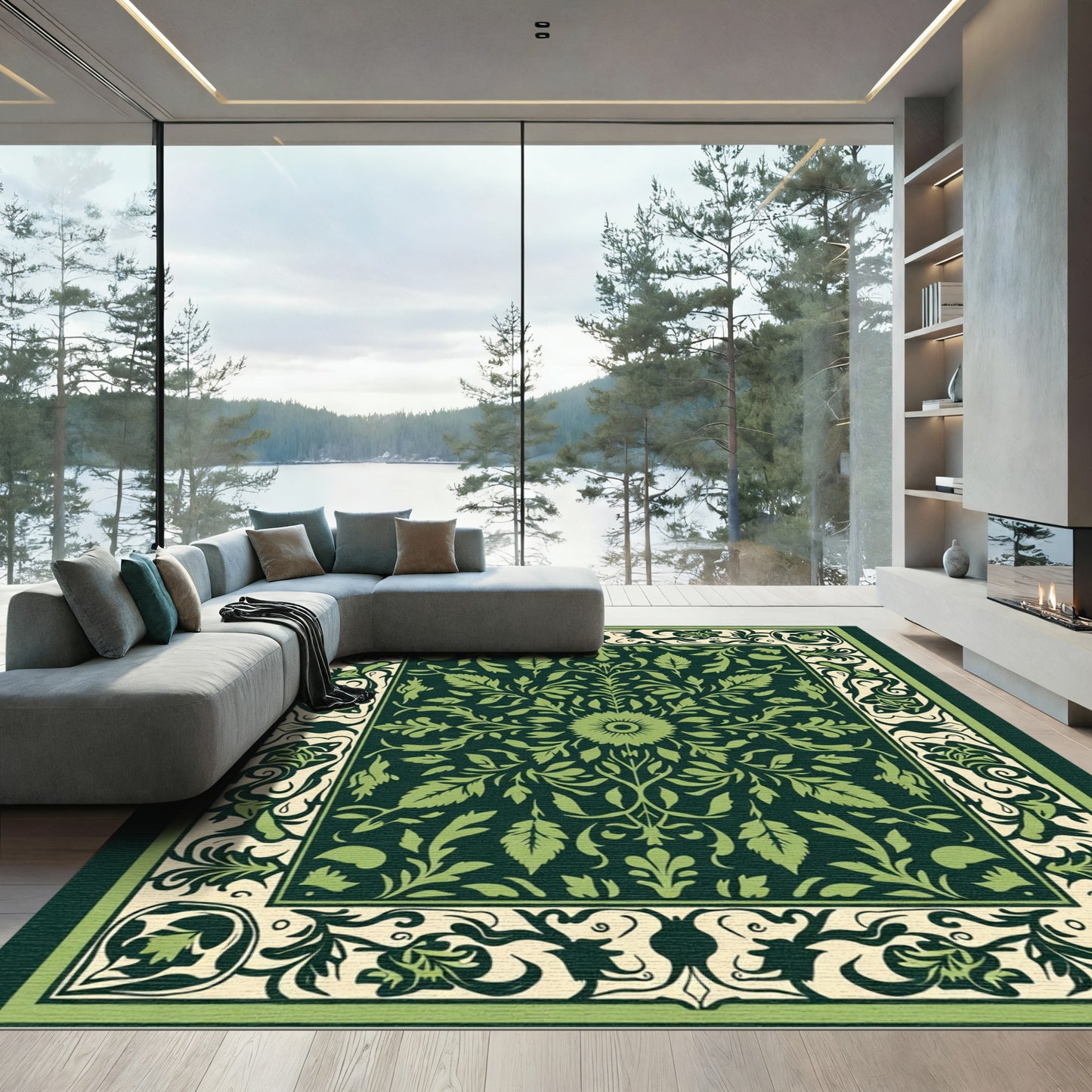 Art Nouveau Green Floral Mandala Rug