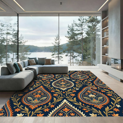 Midnight Navy Orange Floral Paisley Rug