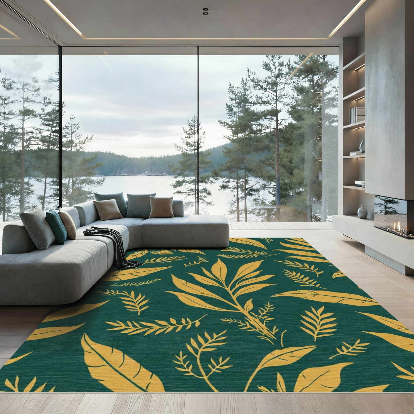 Golden Leafy Sprigs Emerald Background Rug