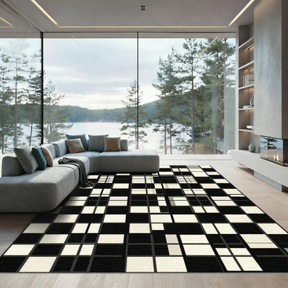 Monochrome Abstract Geometric Grid Square Rug