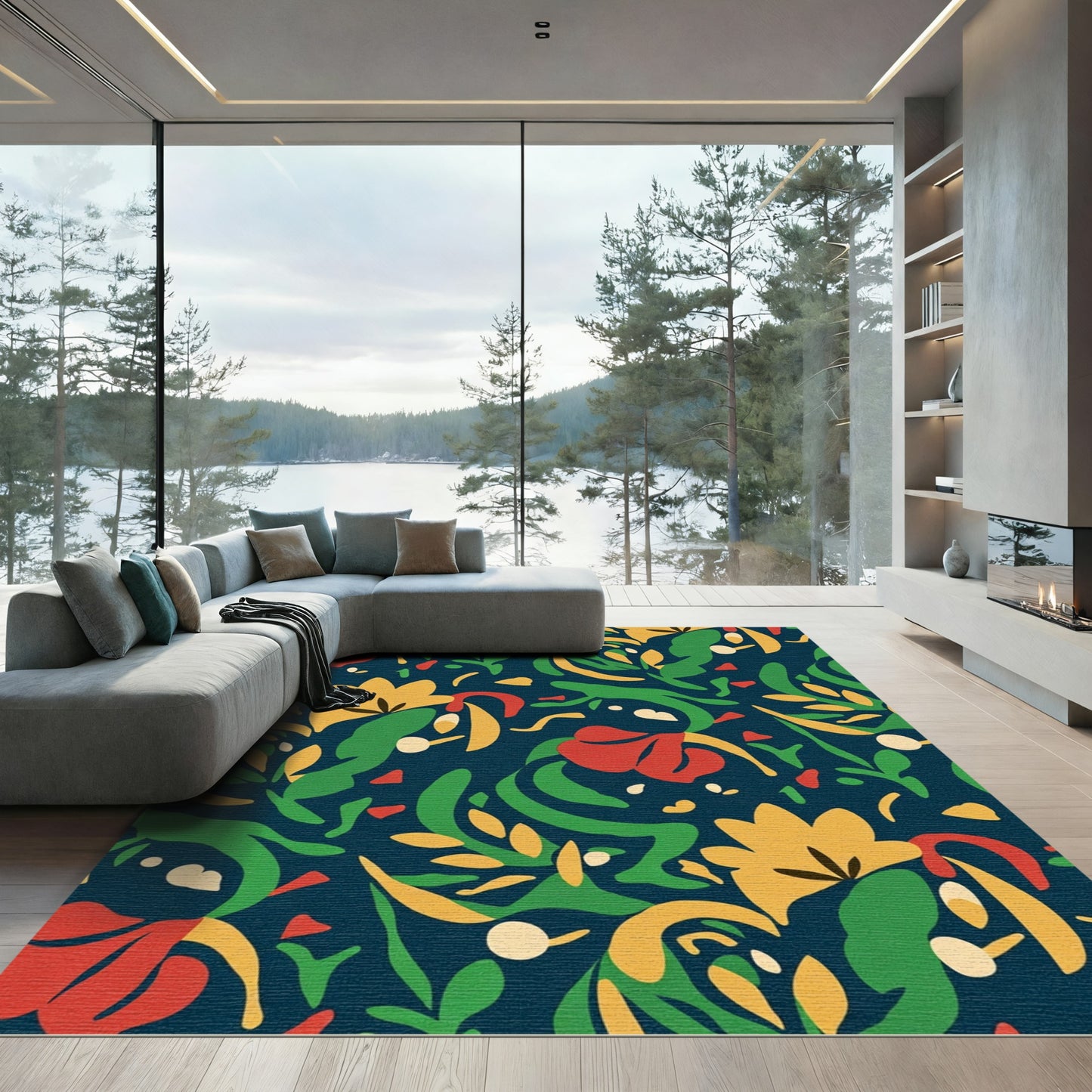 Bold Folk Art Floral Navy Rug