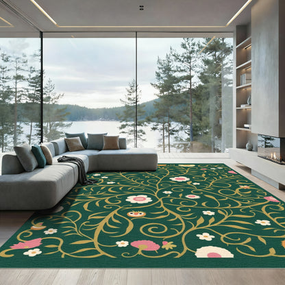 Whimsical Green Gold Floral Creature Rug
