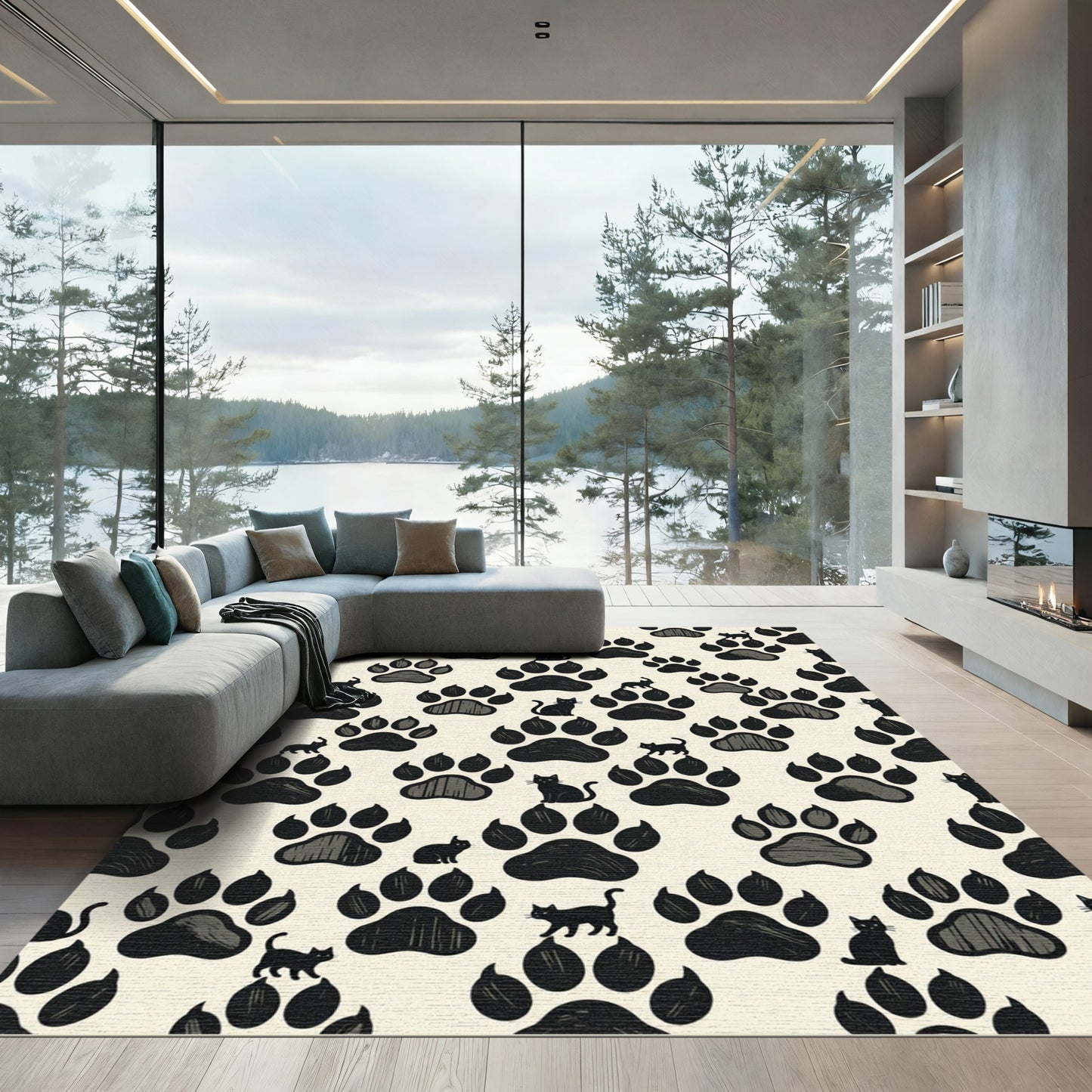 Whimsical Black Cat Paw Print Rug
