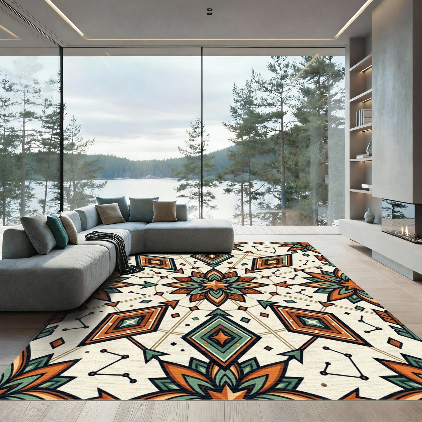 Celestial Geometric Teal and Terracotta Mandala Rug