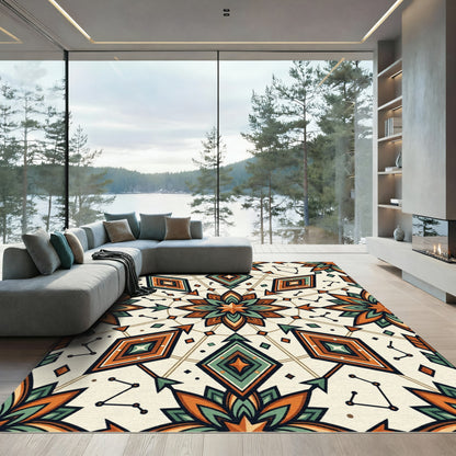 Celestial Geometric Teal and Terracotta Mandala Rug