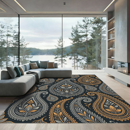 Ornate Gold and Gray Paisley Scroll Rug