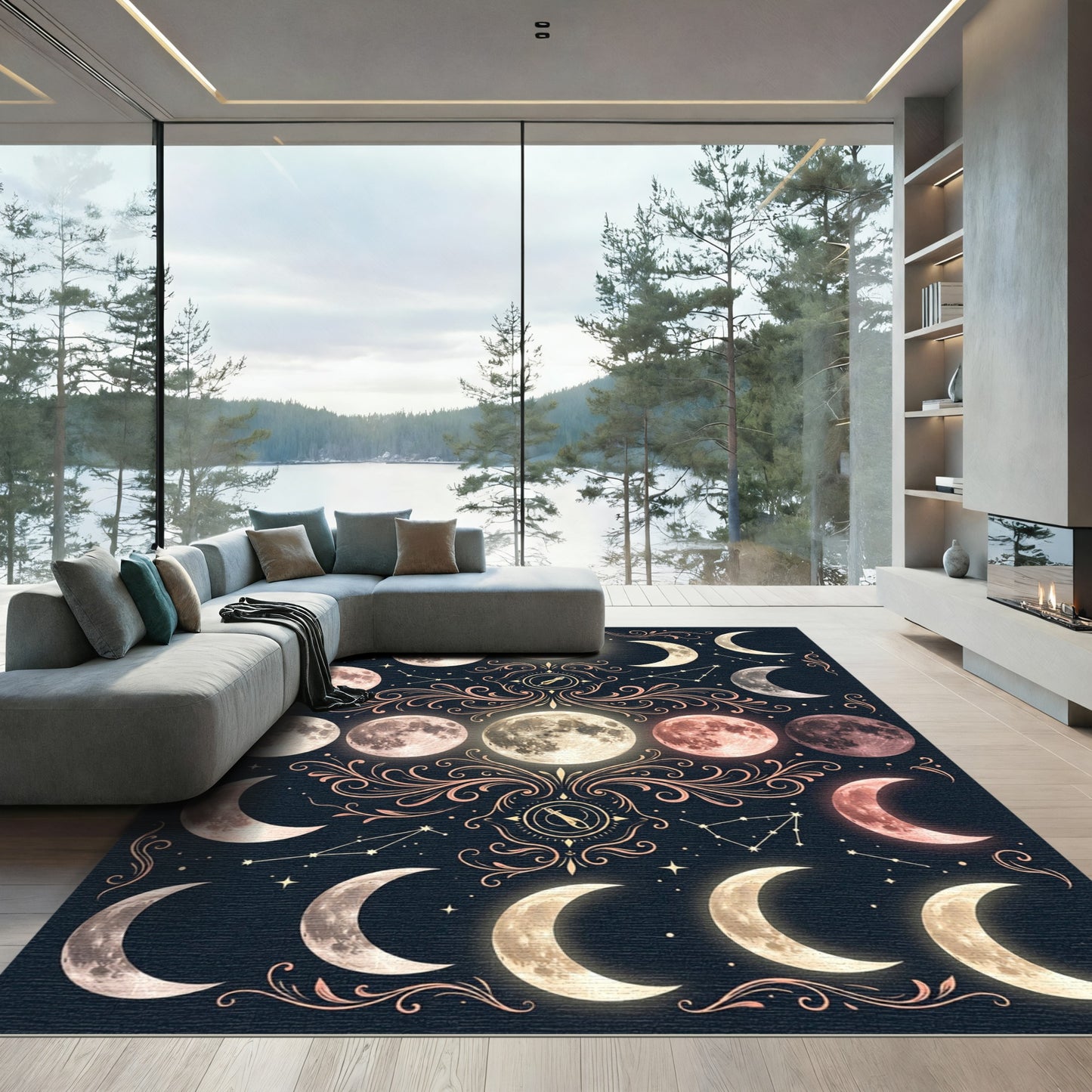Celestial Lunar Phases with Golden Scrolls Rug
