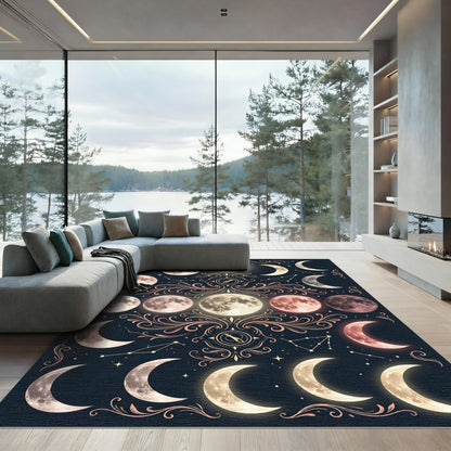 Celestial Lunar Phases with Golden Scrolls Rug