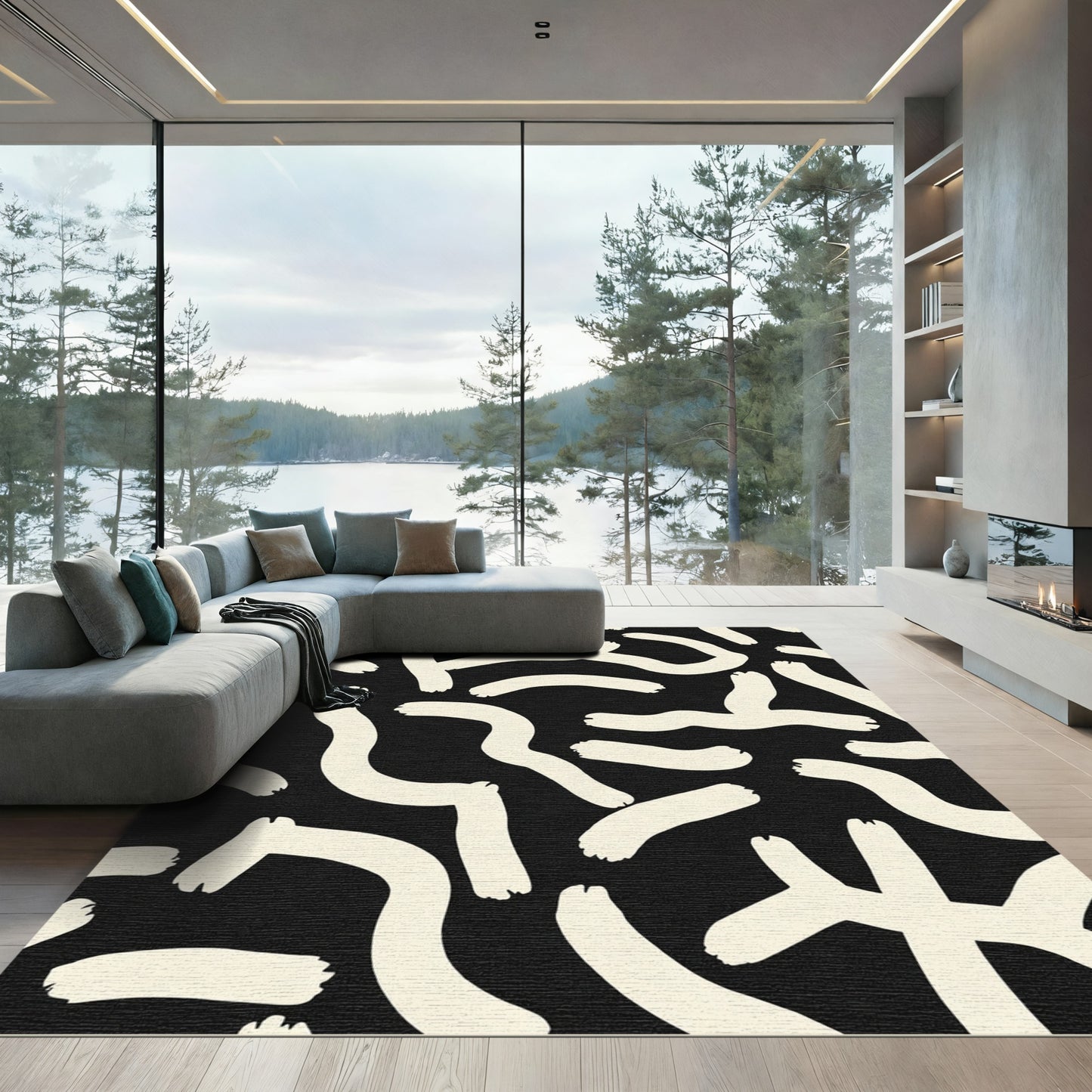 Black Cream Brushstroke Abstract Rug