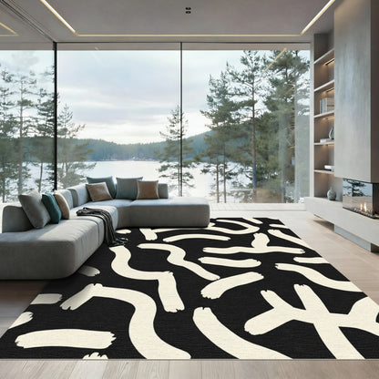Black Cream Brushstroke Abstract Rug