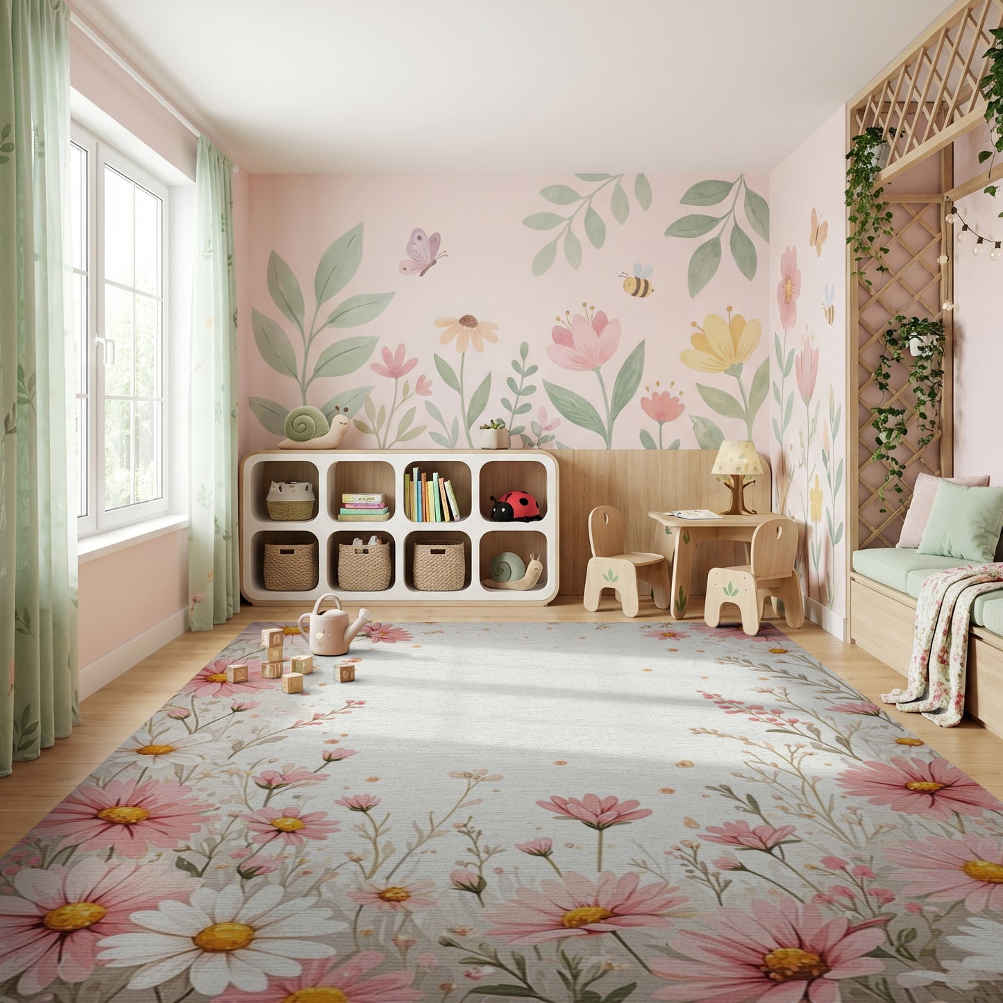 Delicate Pink White Daisy Border Rug