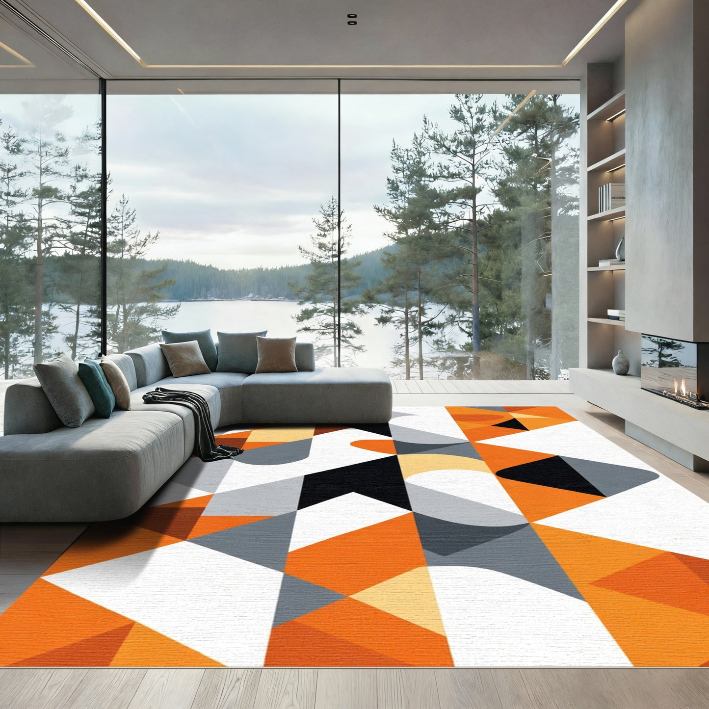 Modern Orange Geometric Abstract Overlay Rug