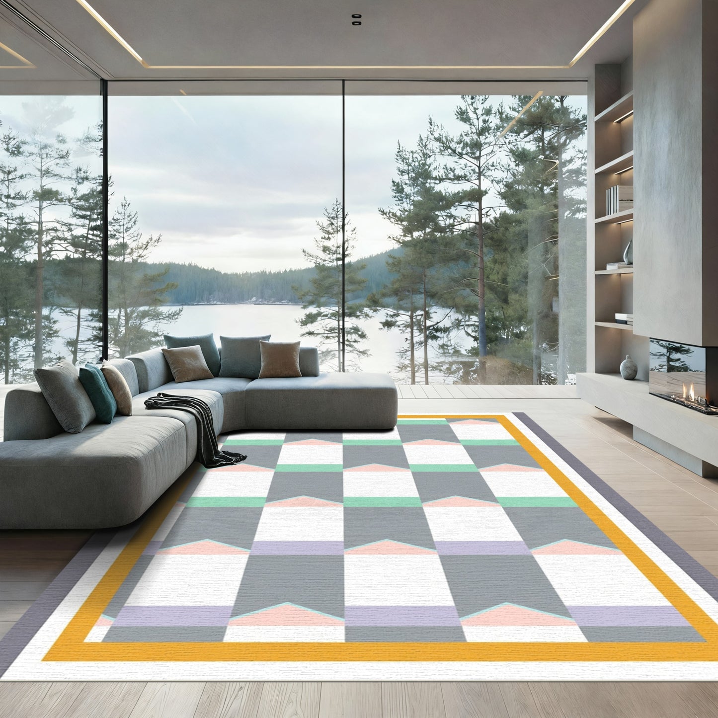 Pastel Geometric House Grid Rug