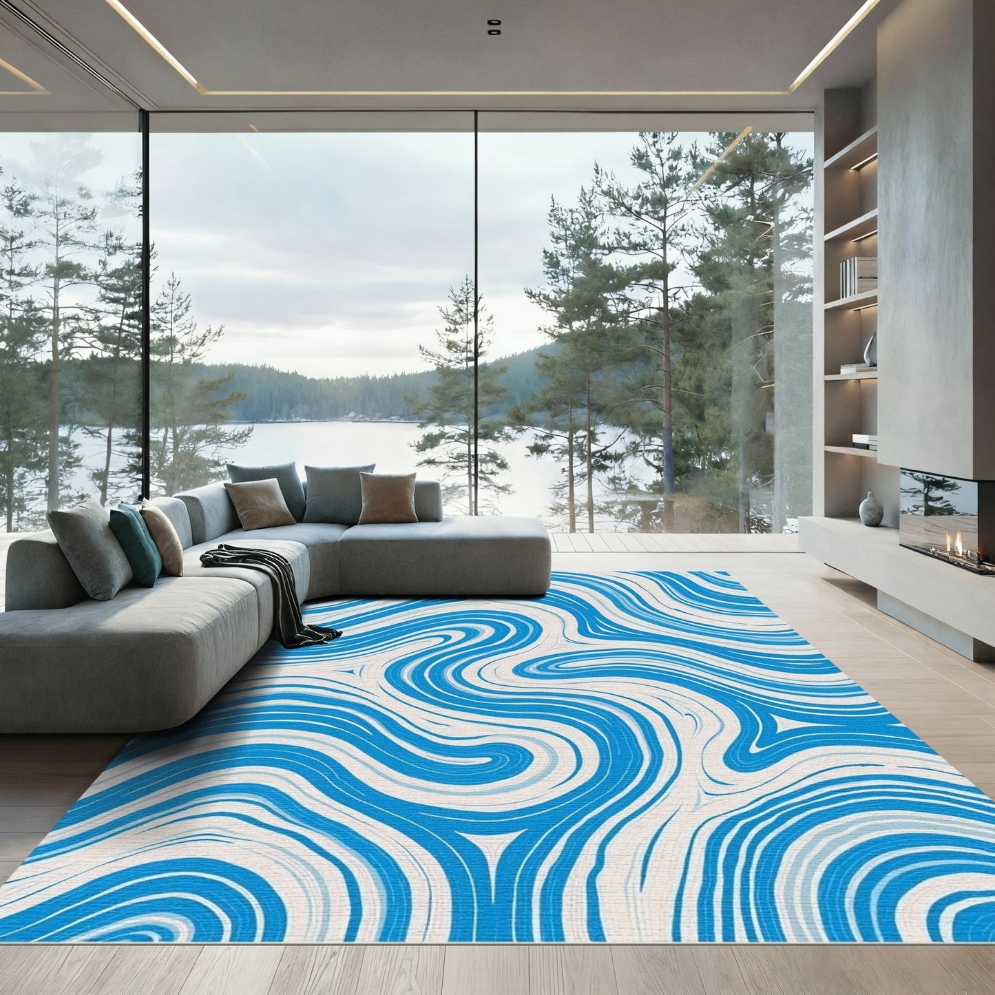 Blue Cream Swirl Flow Rug