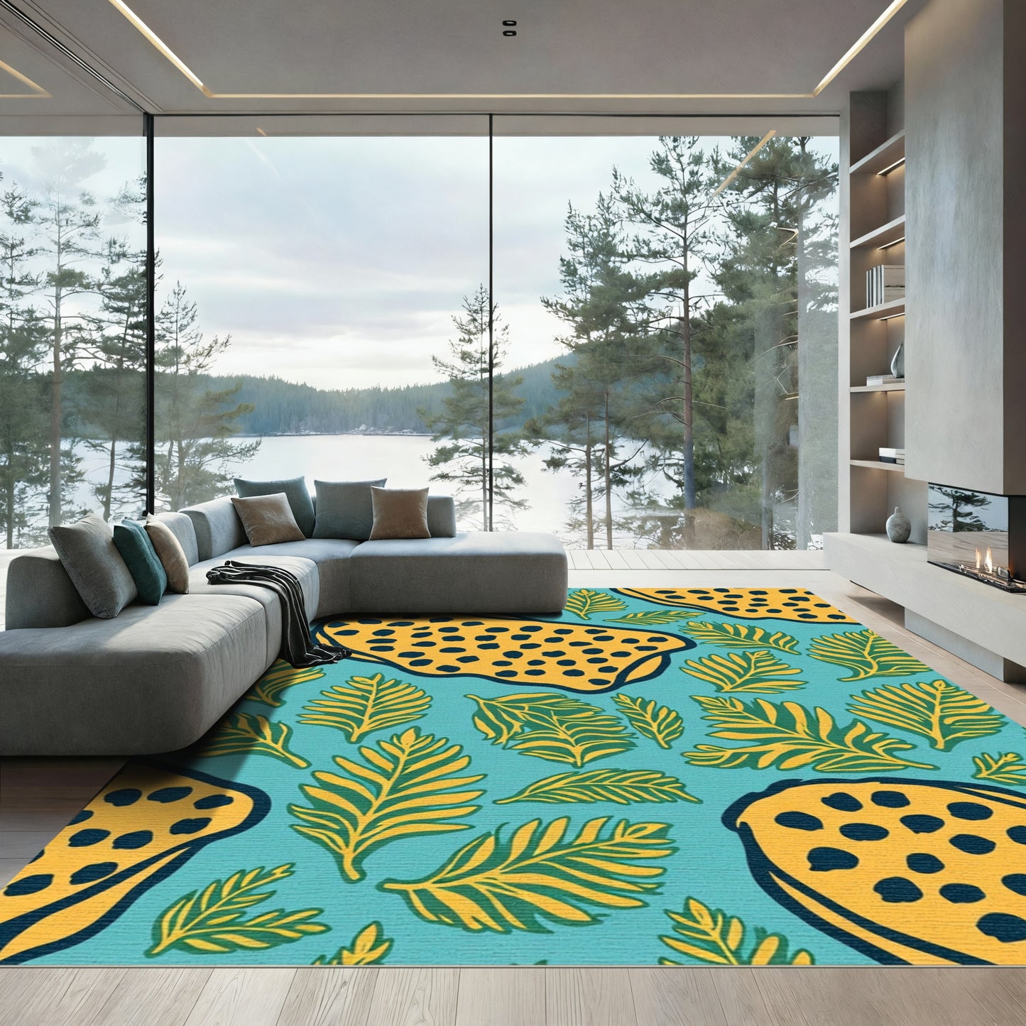 Turquoise Yellow Leaf Animal Print Rug
