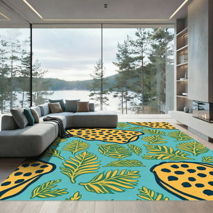 Turquoise Yellow Leaf Animal Print Rug