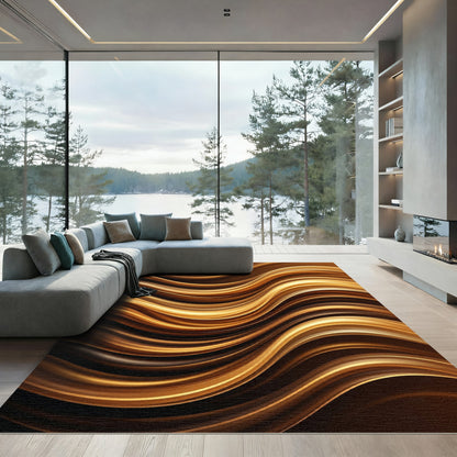 Golden Brown Flowing Waves Rug