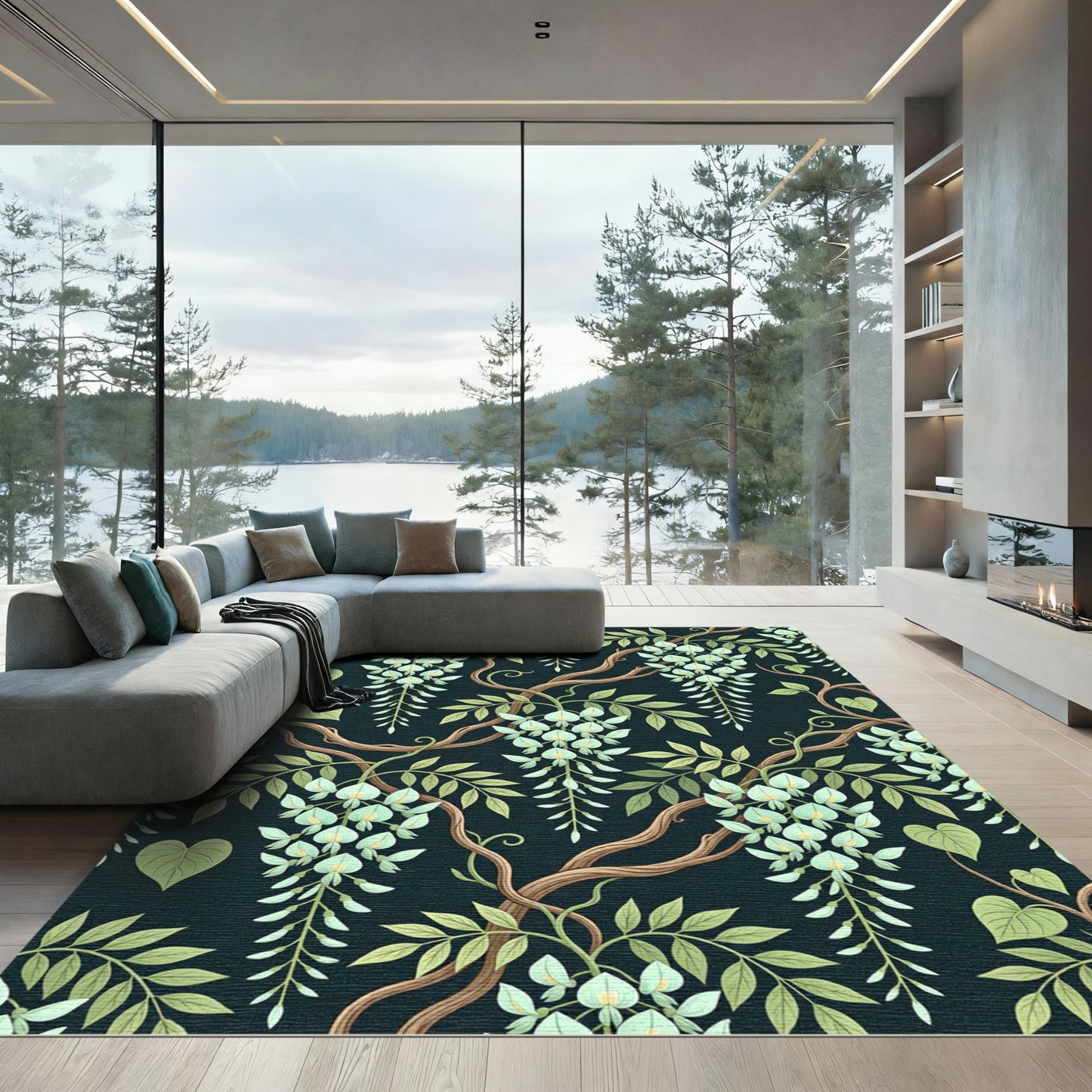Light Green Wisteria Vine Dark Floral Rug