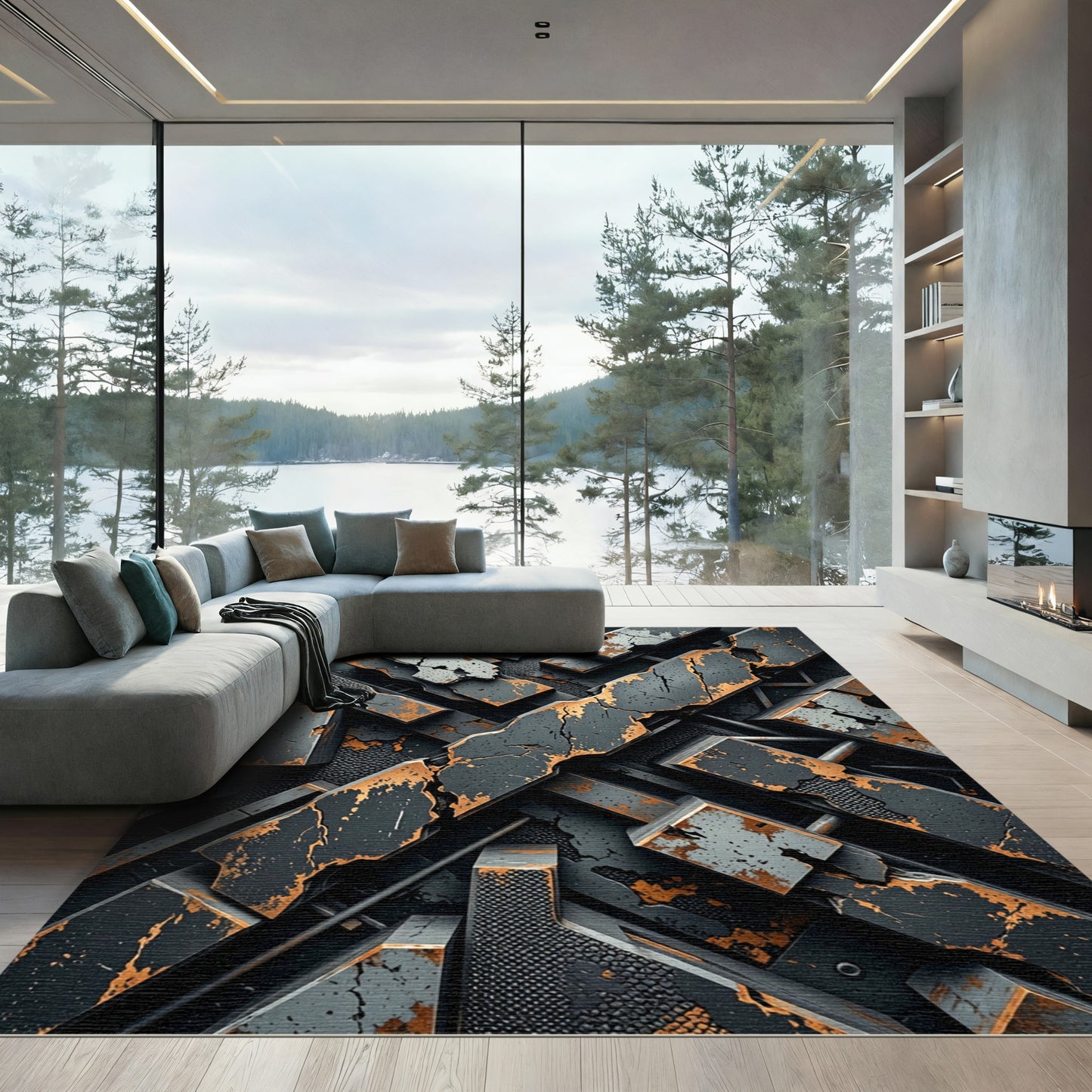 Industrial Concrete Crossed Beam Texture Rug