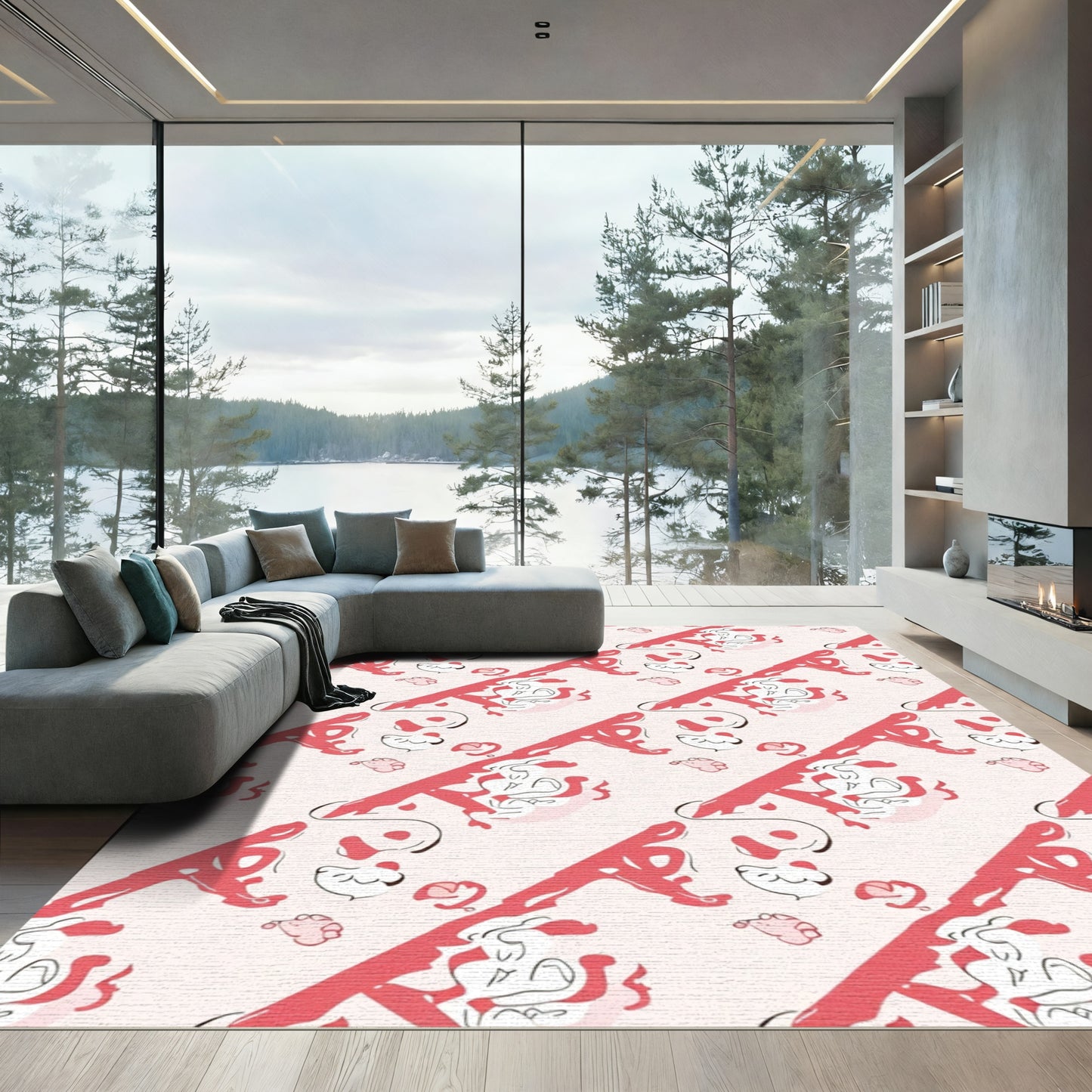 Coral Pink Abstract Sketchy Faces Rug