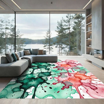 Dynamic Emerald and Crimson Watercolor Splash Rug