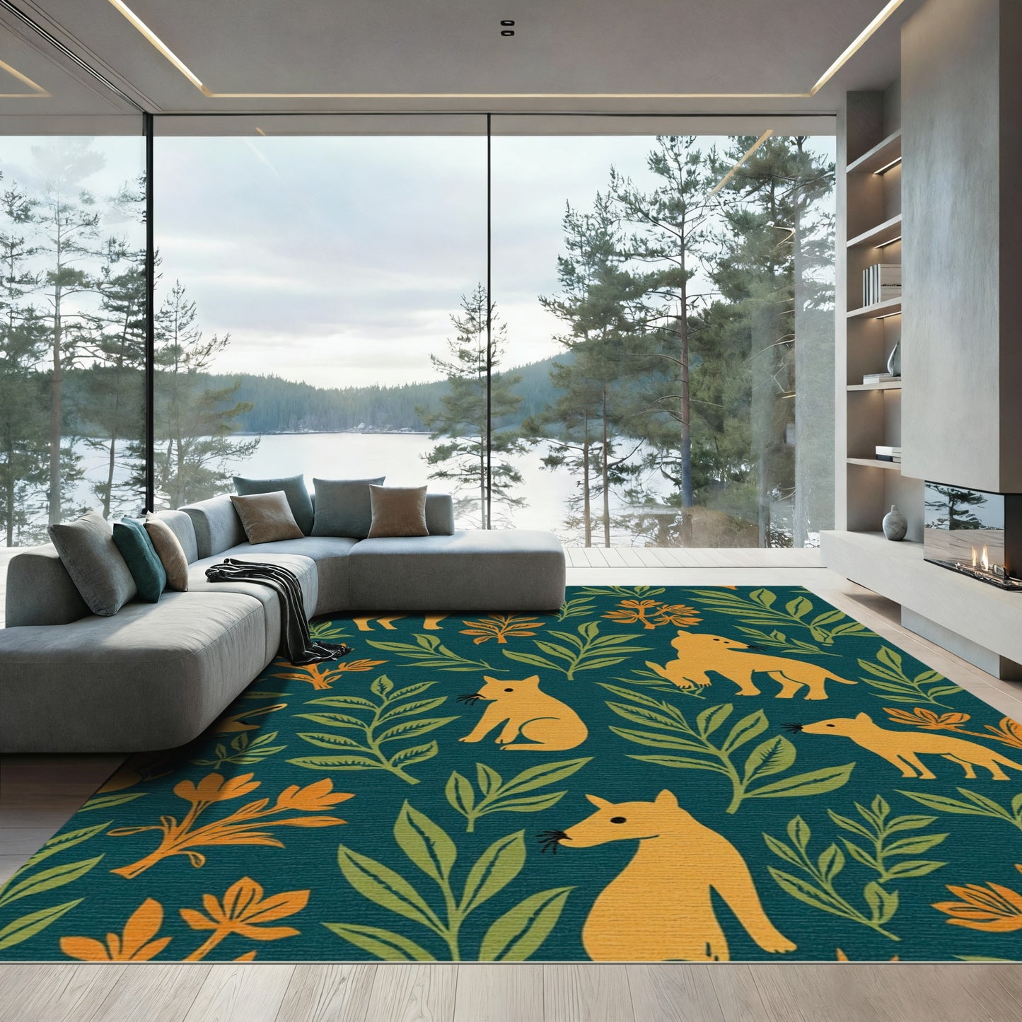 Golden Whimsical Canine Foliage Rug