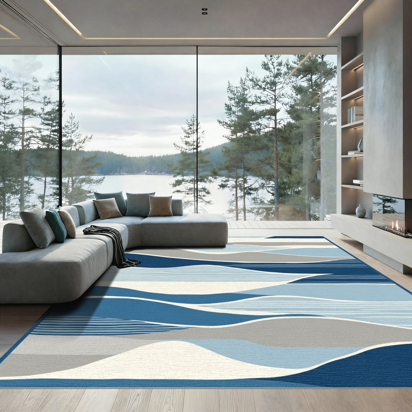 Abstract Blue Wave Landscape Art Rug