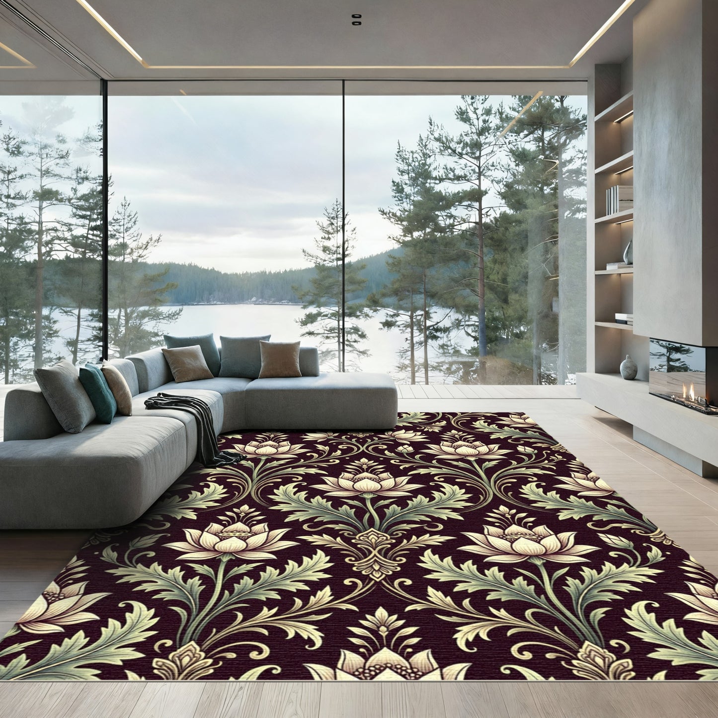 Dark Burgundy Cream Lotus Floral Swirls Rug