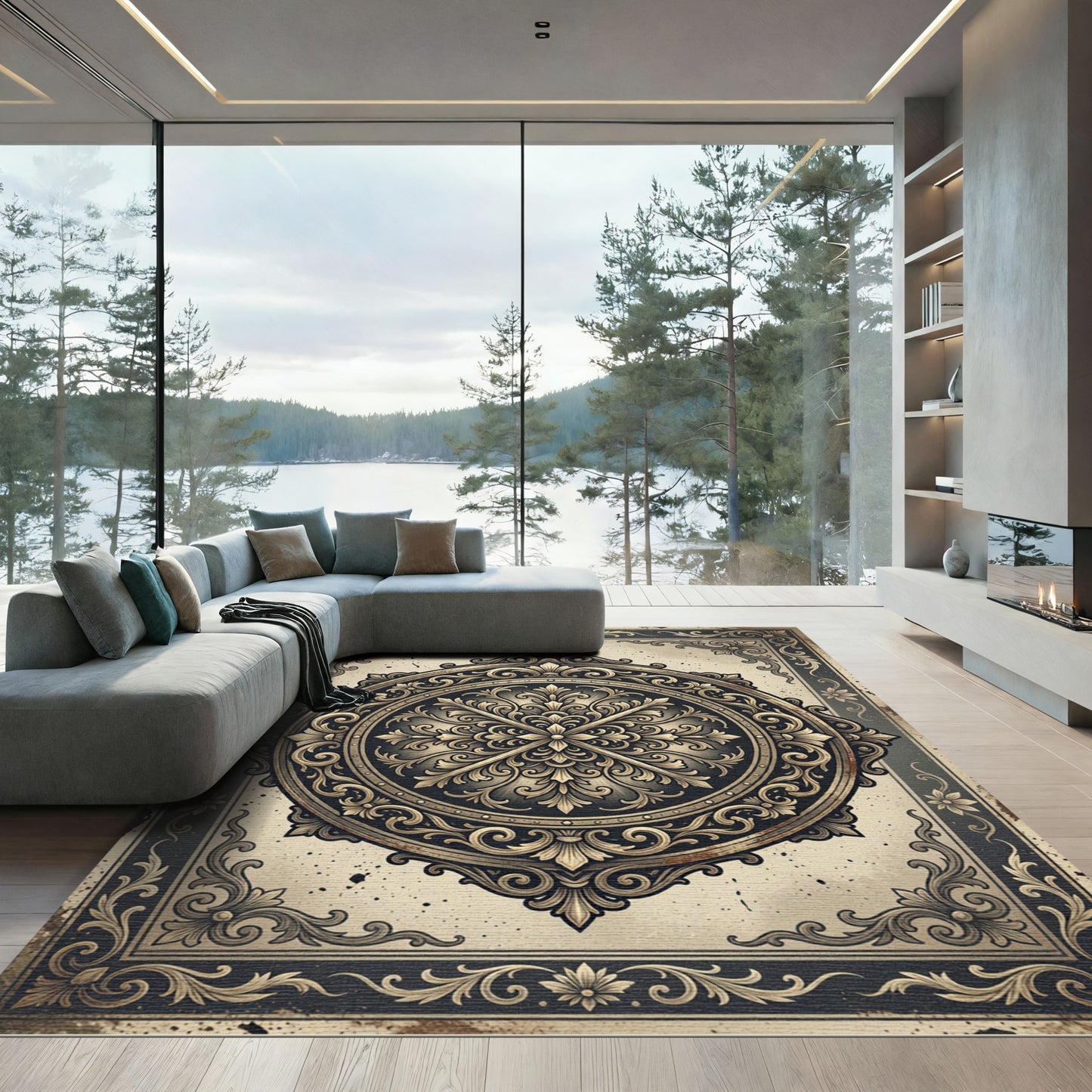 Ornate Gold Floral Medallion Charcoal Grey Rug