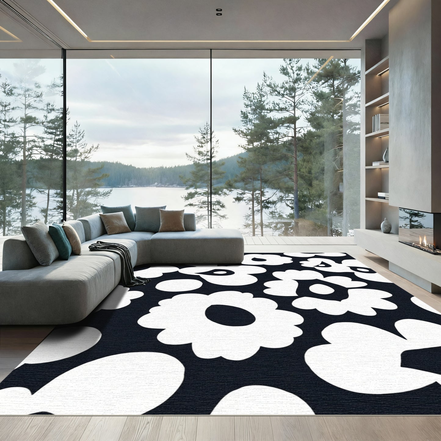 Bold Black White Floral Bloom Rug