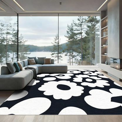 Bold Black White Floral Bloom Rug