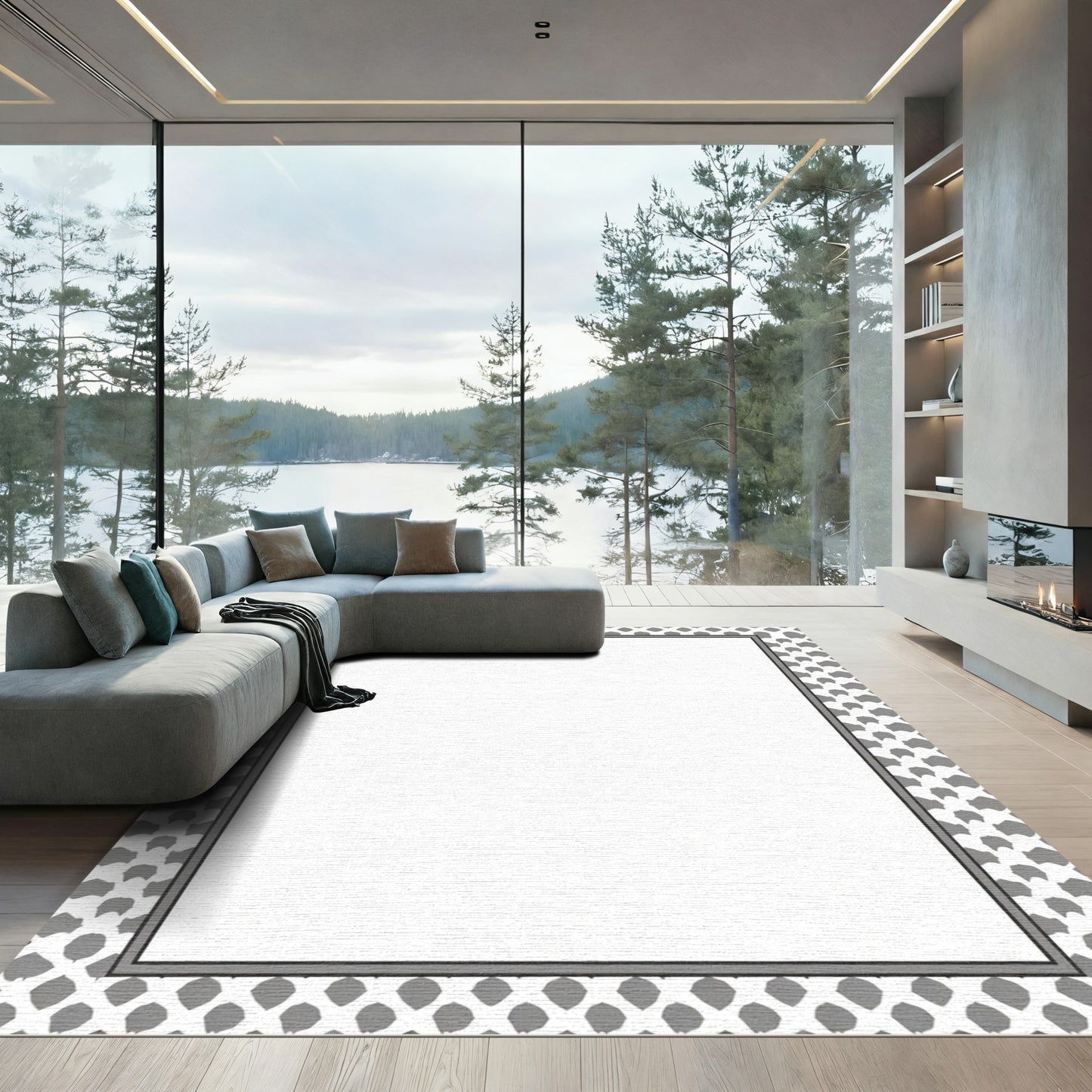 Modern Gray Scale Repeating Shape Border Rug