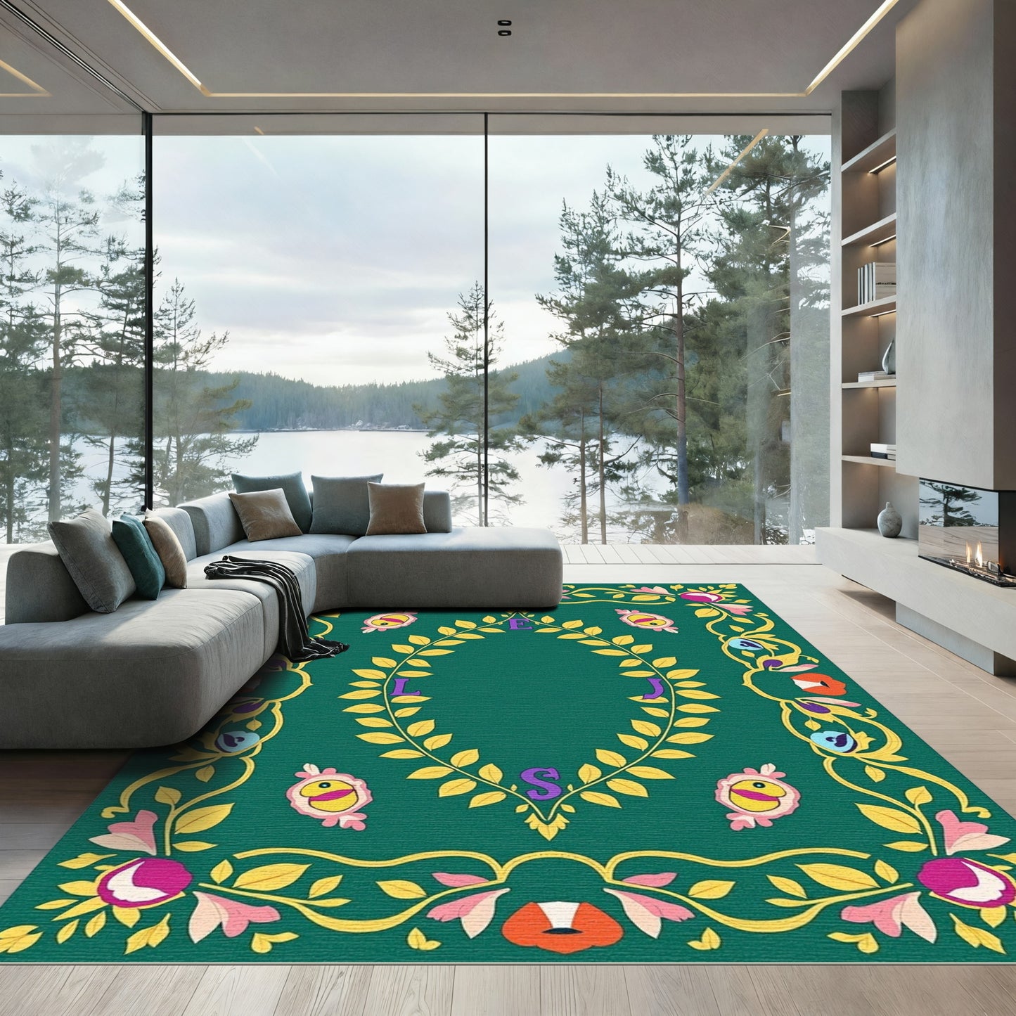 Whimsical Floral Laurel With Letters Rug