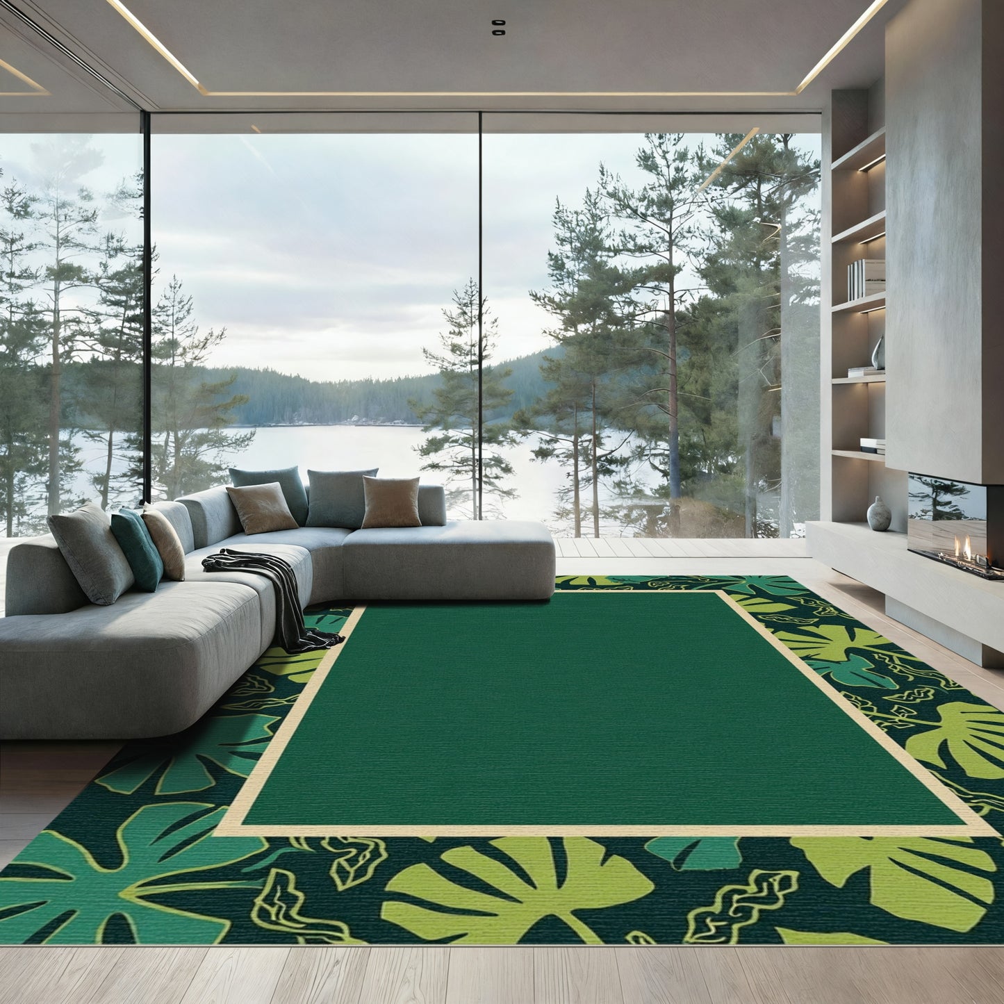 Emerald Green Tropical Leaf Frame Rug