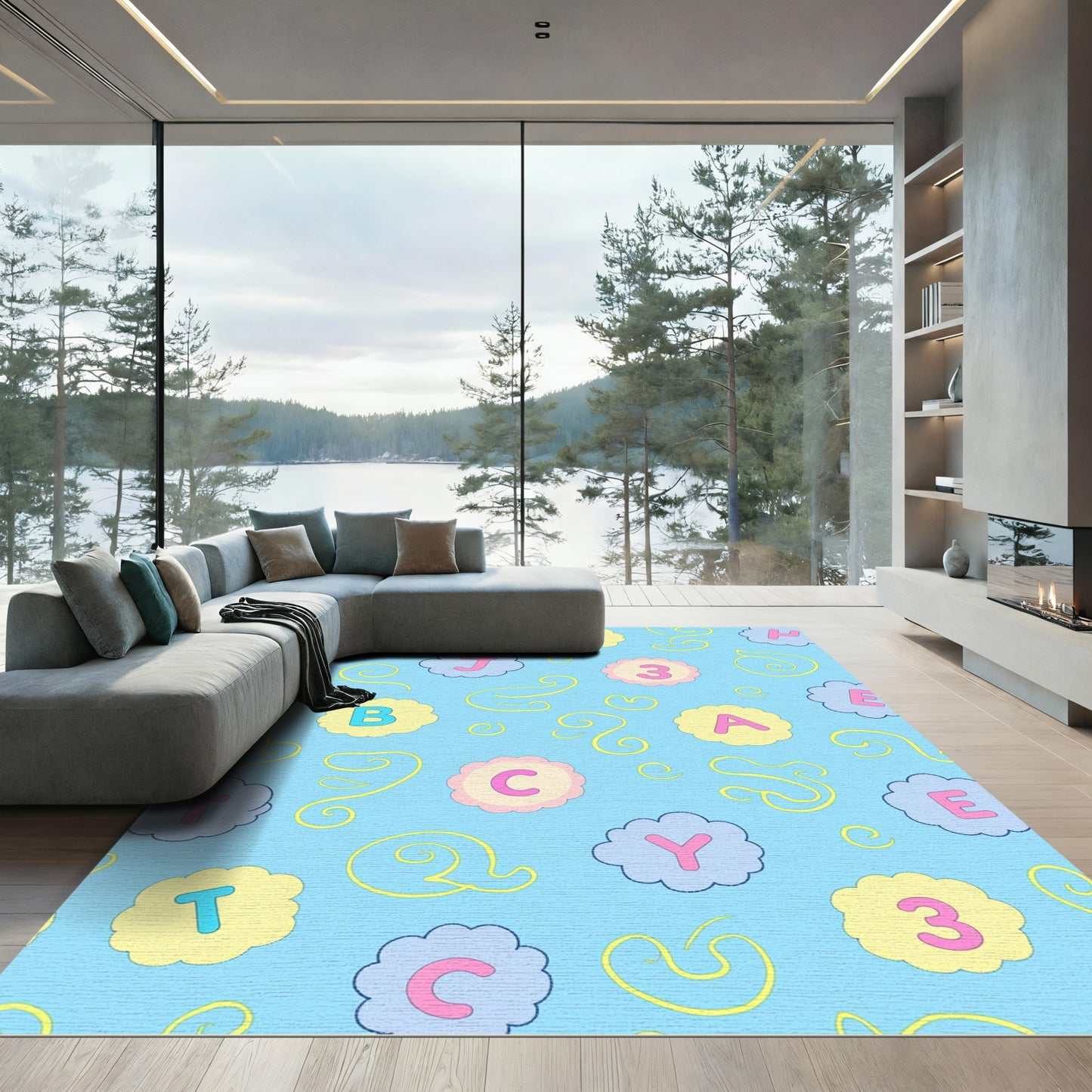 Pastel Alphabet Clouds Swirl Rug