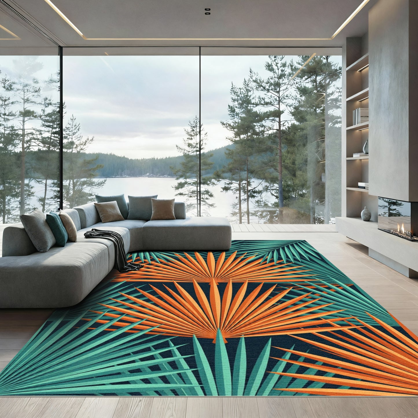 Vibrant Orange Tropical Palm Leaf Rug