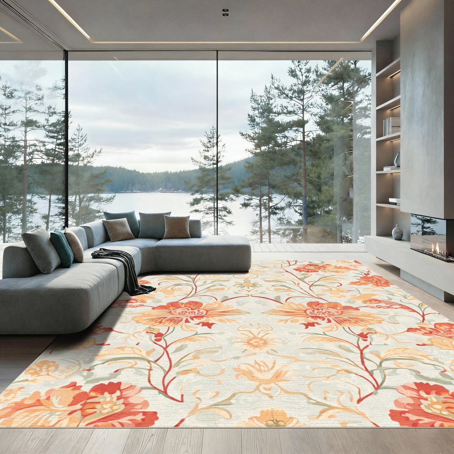 Coral Red Floral Garden Scroll Rug
