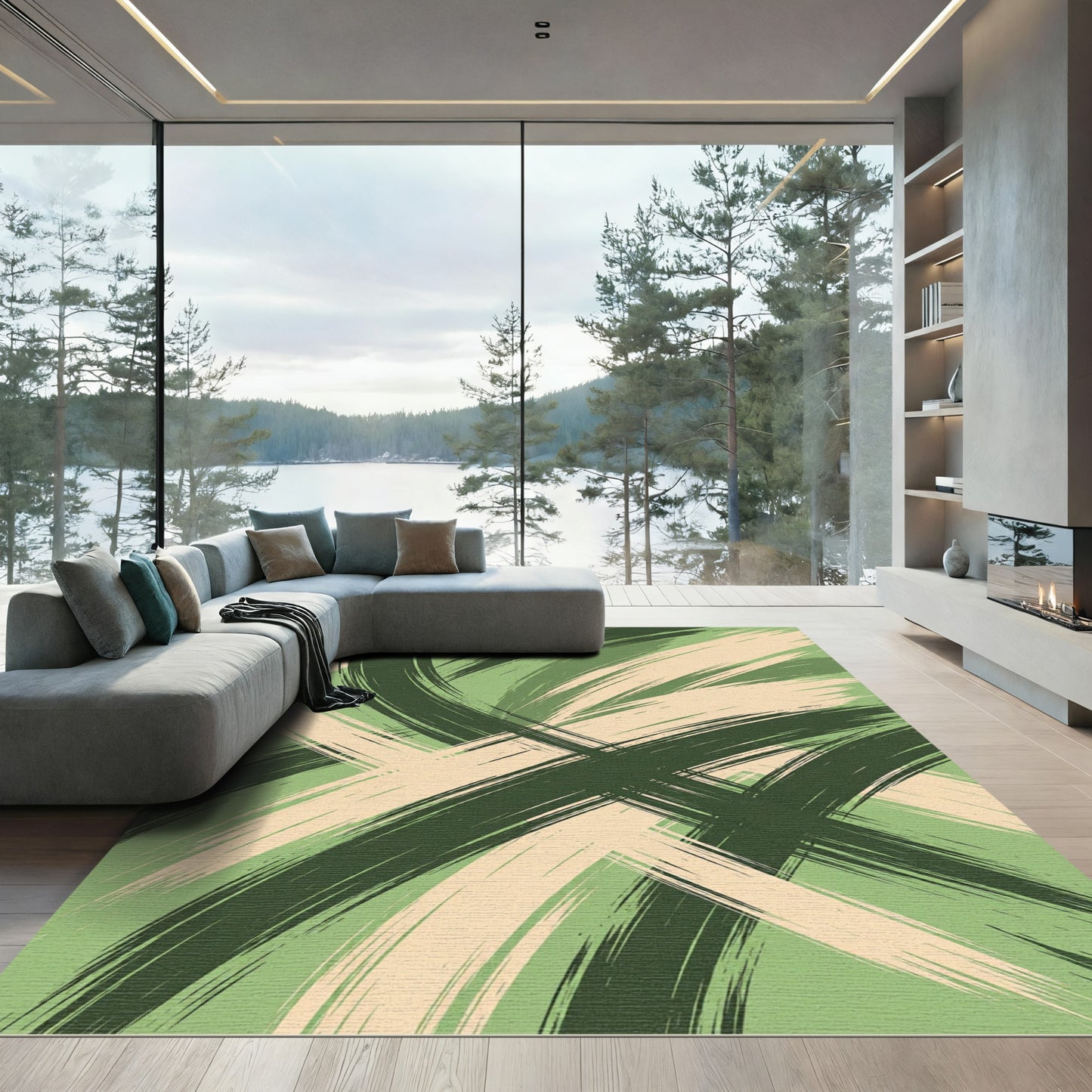 Sage Green Abstract Intersecting Brush Strokes Rug
