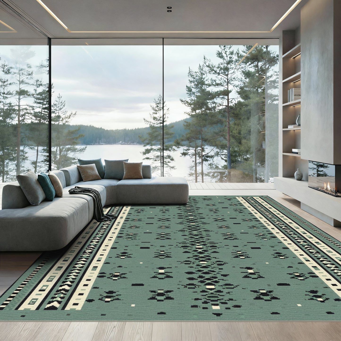 Retro Teal Geometric Border Rug