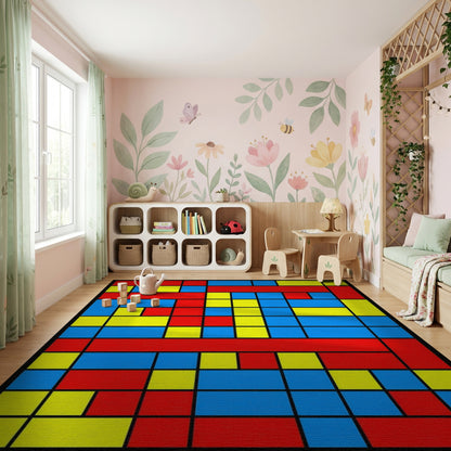 Bold Red Blue Yellow Geometric Rug