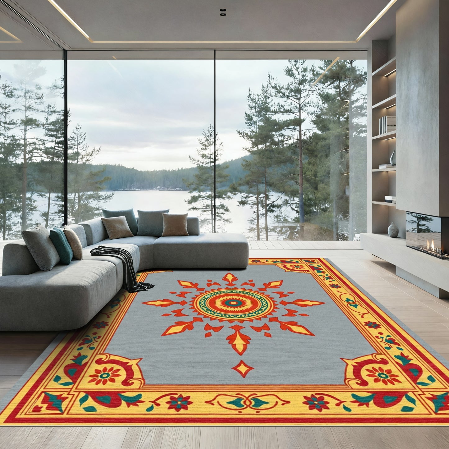 Ornate Red Yellow Sunburst Border Rug