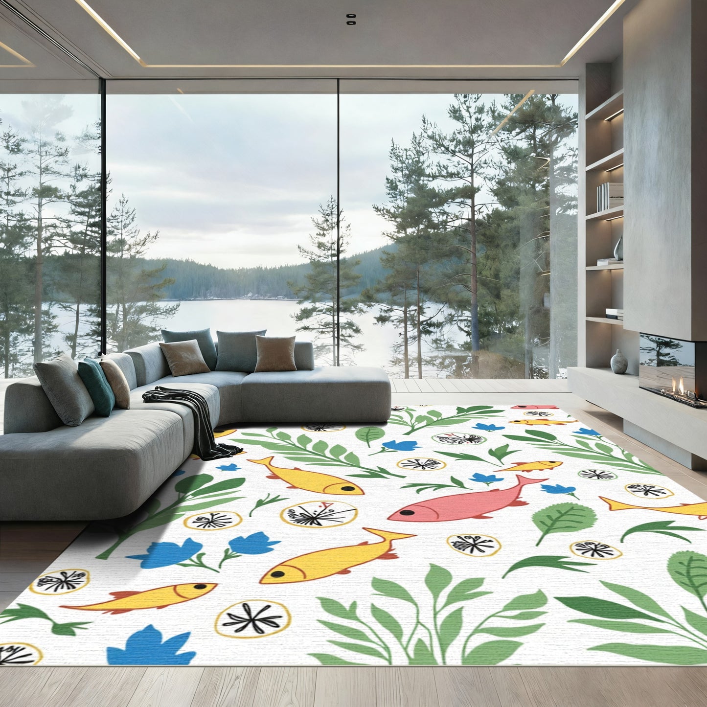 Golden Salmon Blue Flower Garden Rug