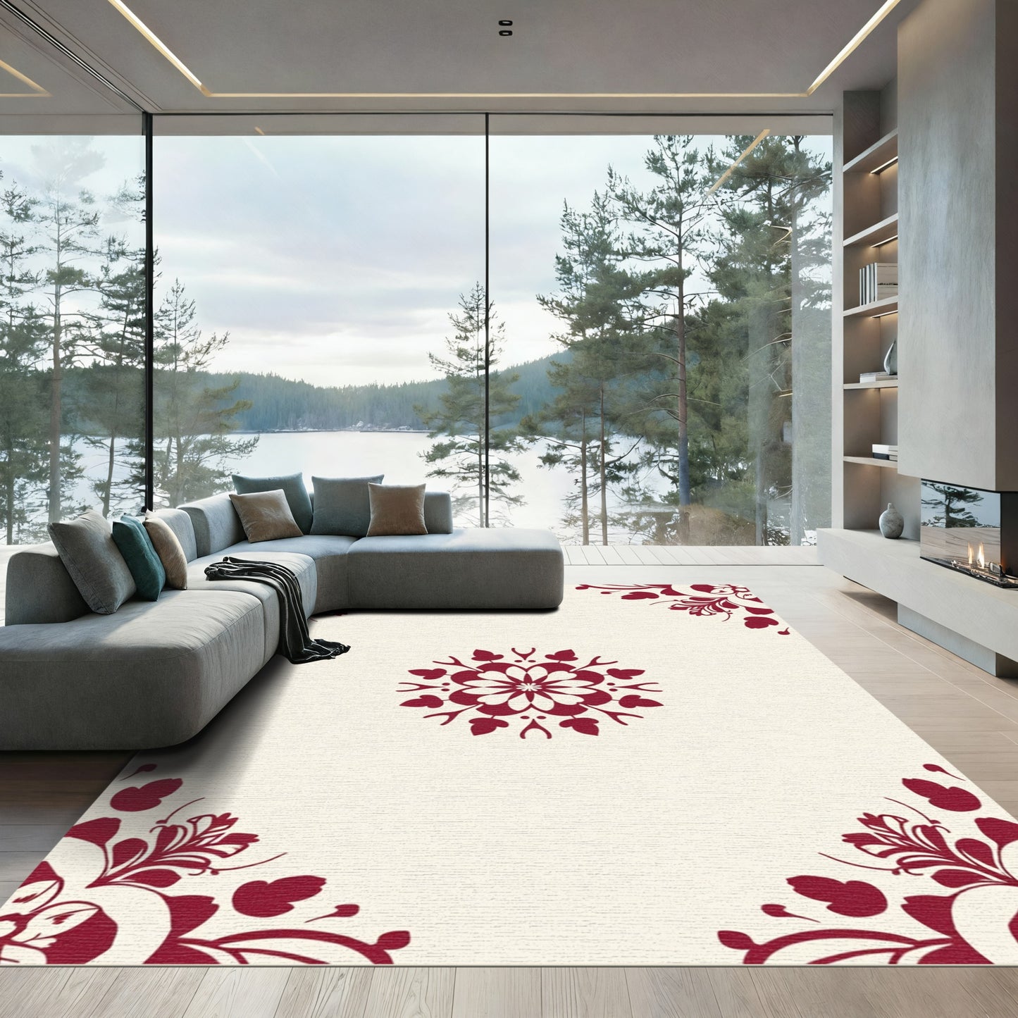 Crimson Floral Medallion Corner Accents Rug